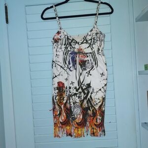 Y2K grunge/bikercore fringed white faux suede tattoo design dress size small